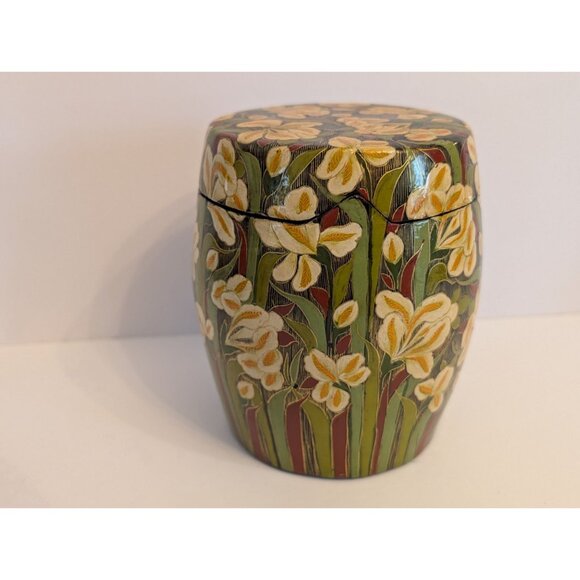 Handmade Kashmir Floral Painted Paper Mache Jar With Lid - Picture 1 of 7